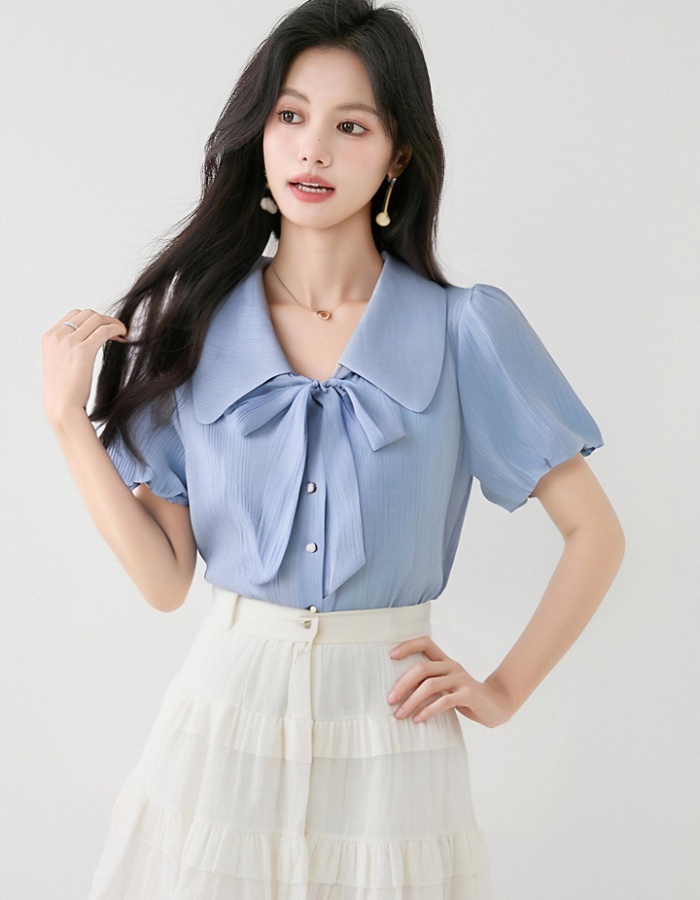Summer slim chiffon shirt commuting blue tops for women