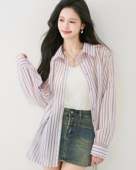 Loose stripe sun shirt lapel all-match coat for women