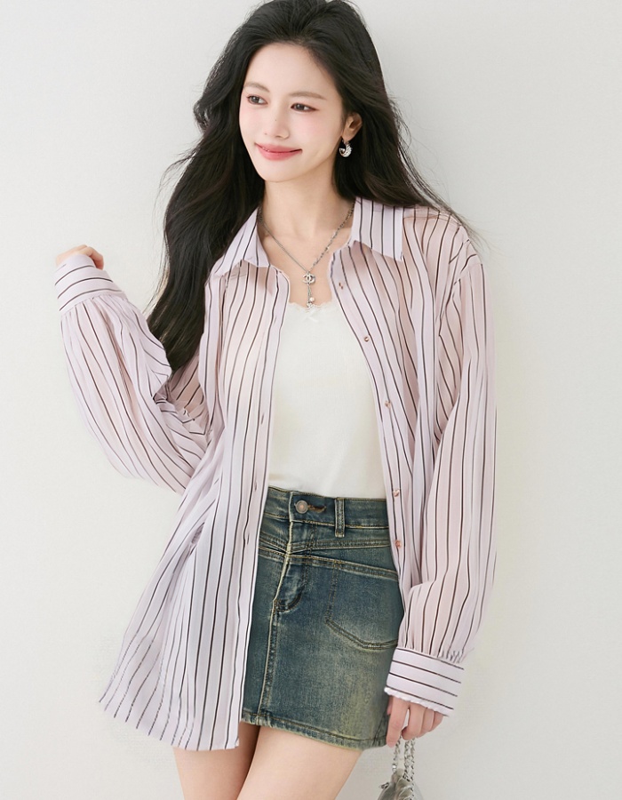 Loose stripe sun shirt lapel all-match coat for women