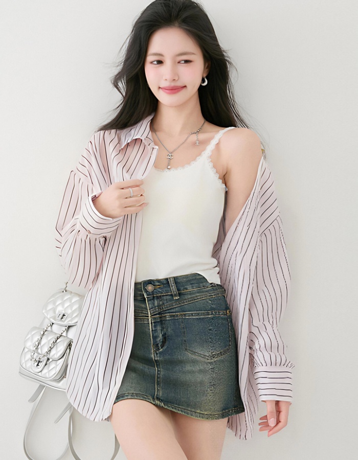 Loose stripe sun shirt lapel all-match coat for women