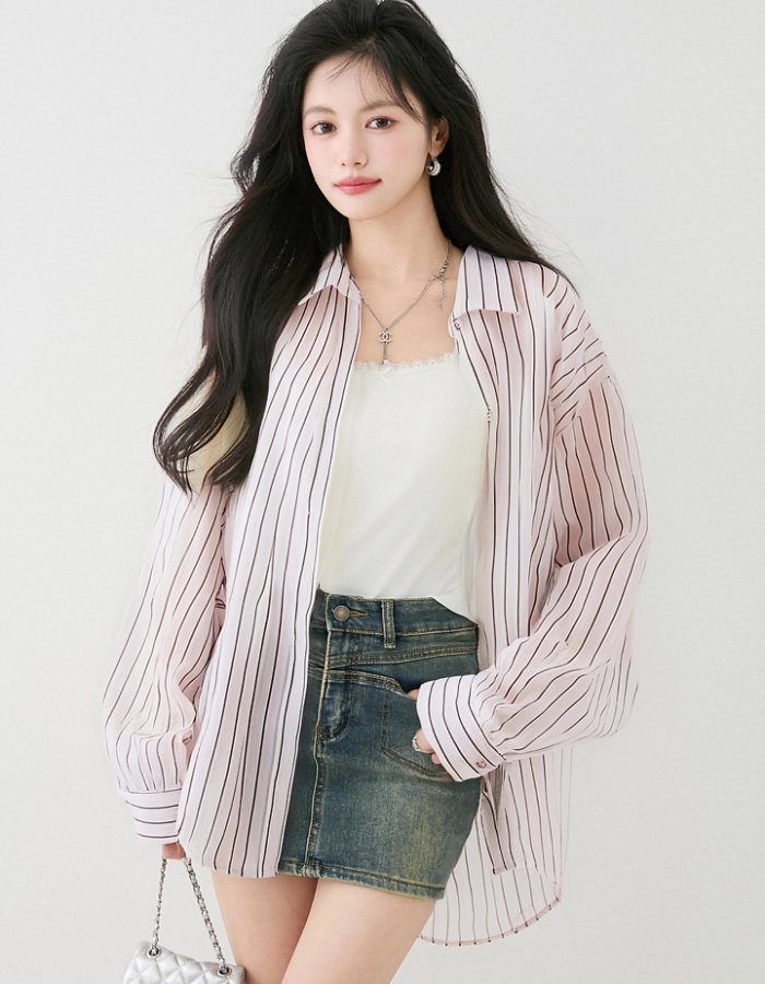 Loose stripe sun shirt lapel all-match coat for women