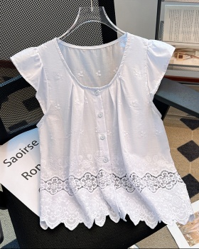 Splice short sleeve tops hollow round neck shirt for women