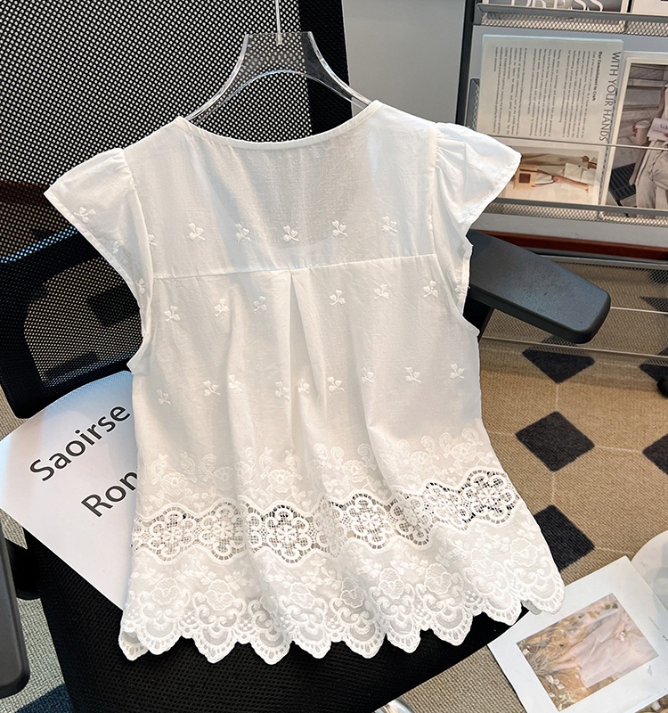 Splice short sleeve tops hollow round neck shirt for women
