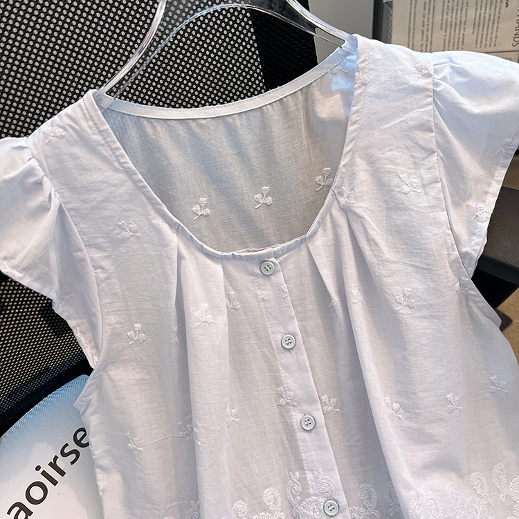 Splice short sleeve tops hollow round neck shirt for women