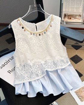 Hollow vacation summer tops unique Pseudo-two chiffon shirt