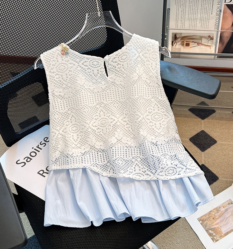 Hollow vacation summer tops unique Pseudo-two chiffon shirt