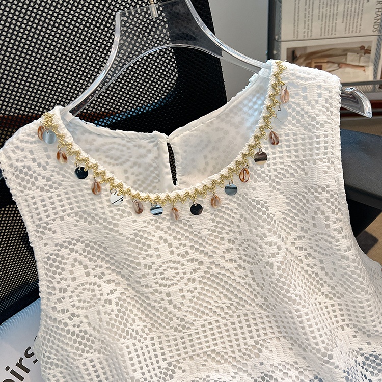 Hollow vacation summer tops unique Pseudo-two chiffon shirt