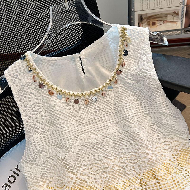 Hollow vacation summer tops unique Pseudo-two chiffon shirt