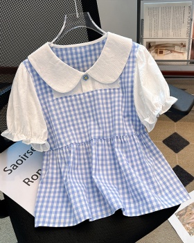 Show young puff sleeve vest plaid shirt for women