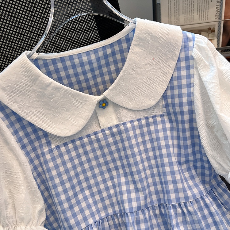 Show young puff sleeve vest plaid shirt for women