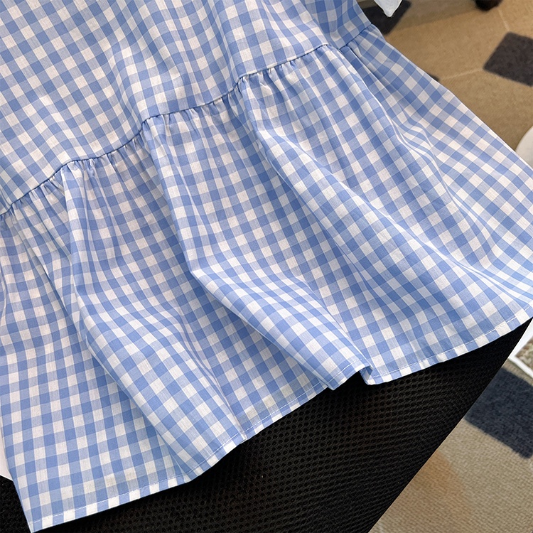 Show young puff sleeve vest plaid shirt for women