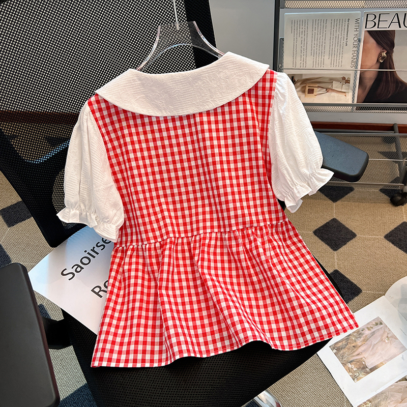 Show young puff sleeve vest plaid shirt for women