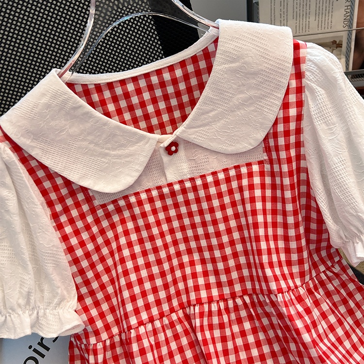 Show young puff sleeve vest plaid shirt for women