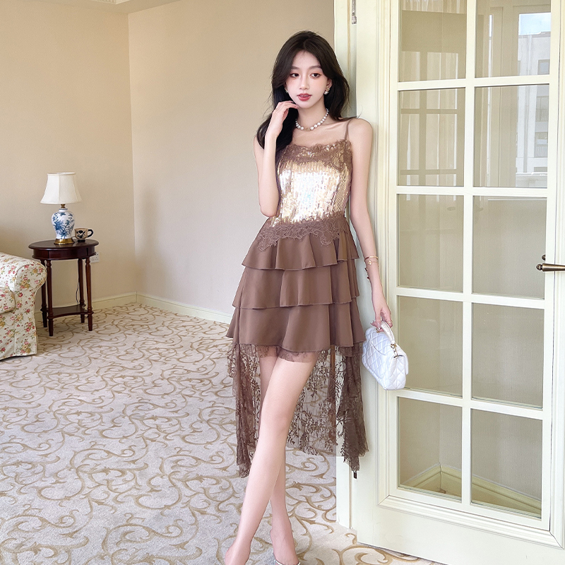 Sexy sequins sling splice irregular lace hem slim dress
