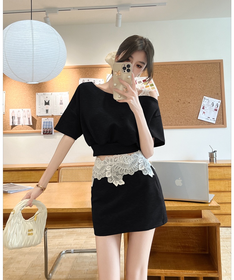 Sloping shoulder short skirt tops 2pcs set for women