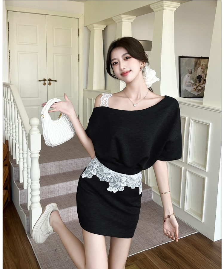 Sloping shoulder short skirt tops 2pcs set for women