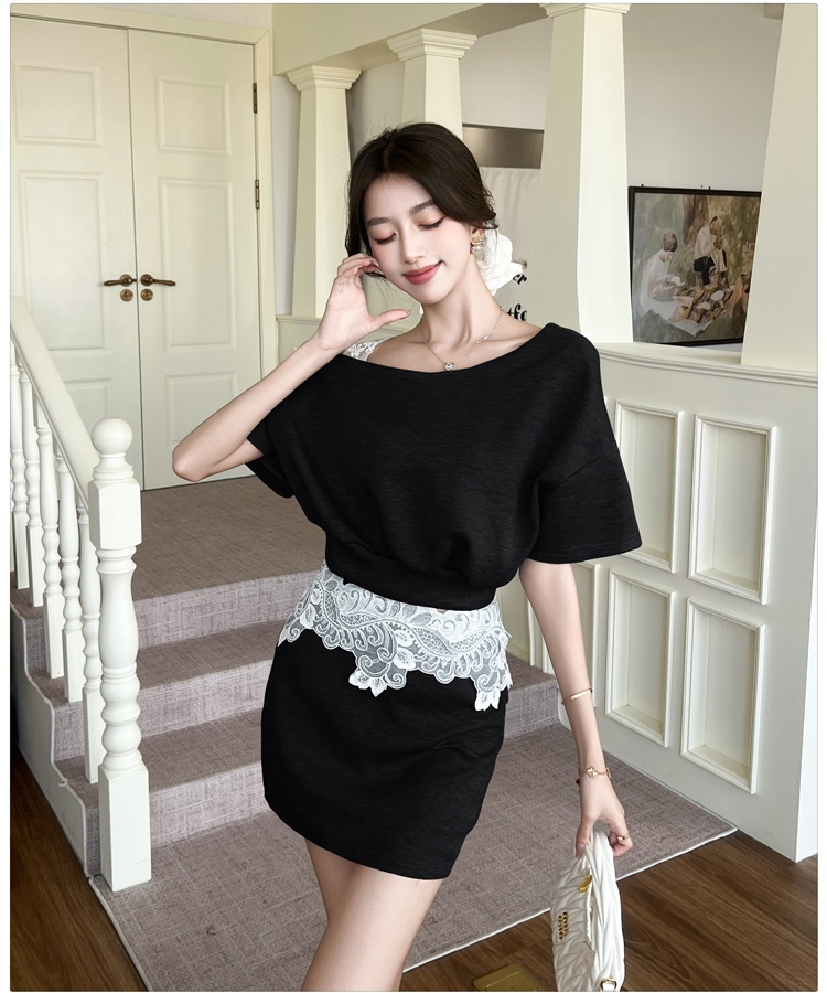 Sloping shoulder short skirt tops 2pcs set for women