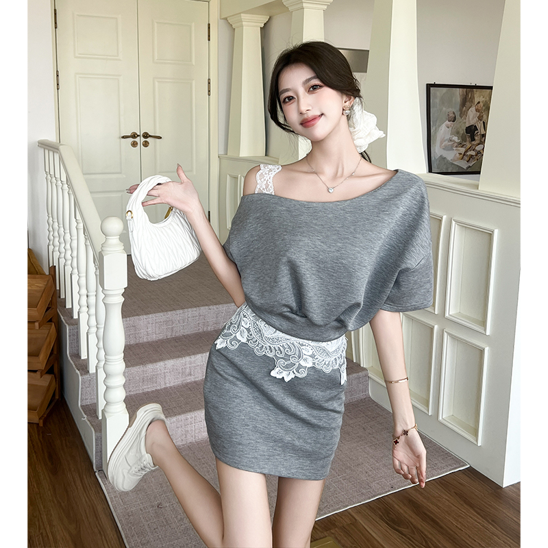 Sloping shoulder short skirt tops 2pcs set for women