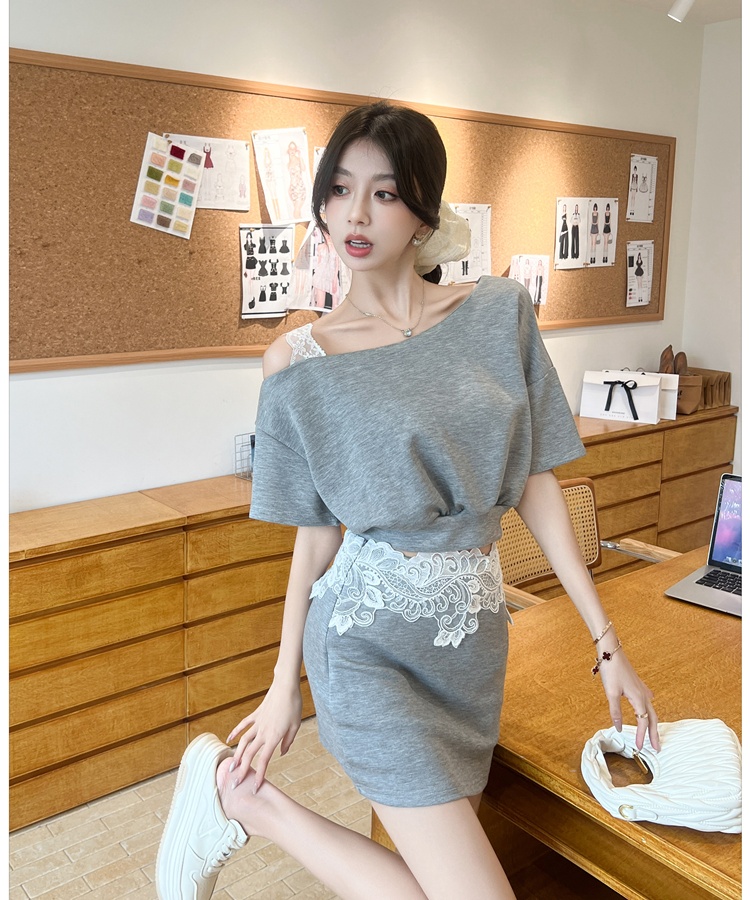Sloping shoulder short skirt tops 2pcs set for women