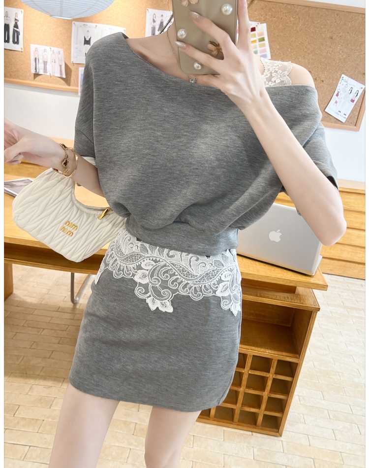 Sloping shoulder short skirt tops 2pcs set for women