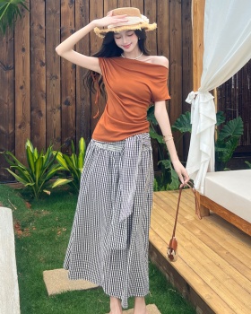 Temperament tops plaid small shirt 2pcs set