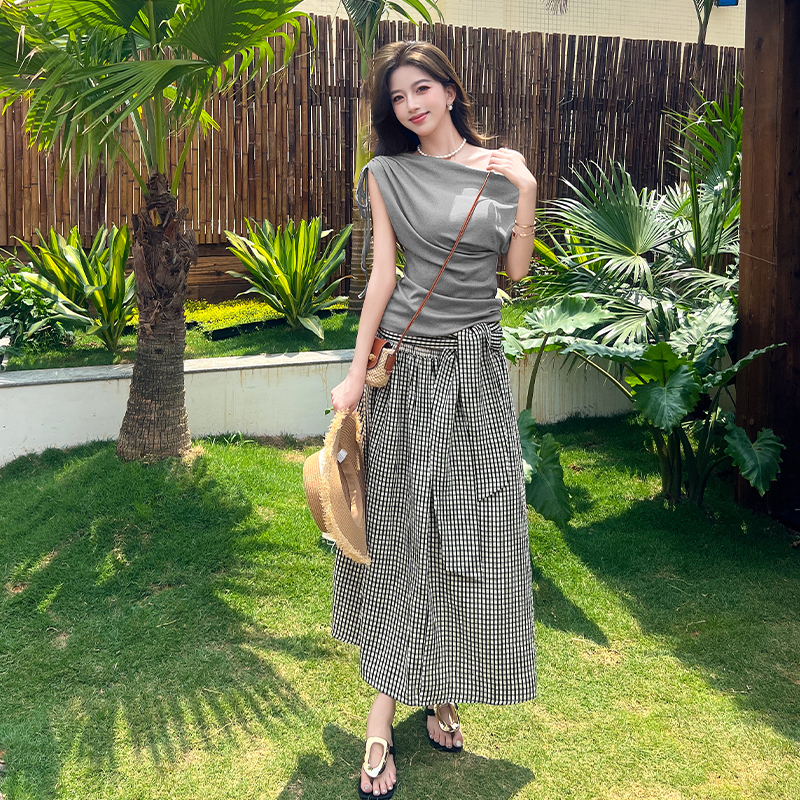 Temperament tops plaid small shirt 2pcs set