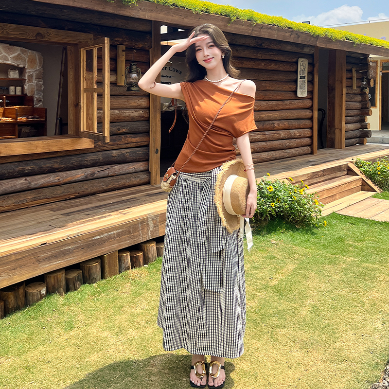 Temperament tops plaid small shirt 2pcs set