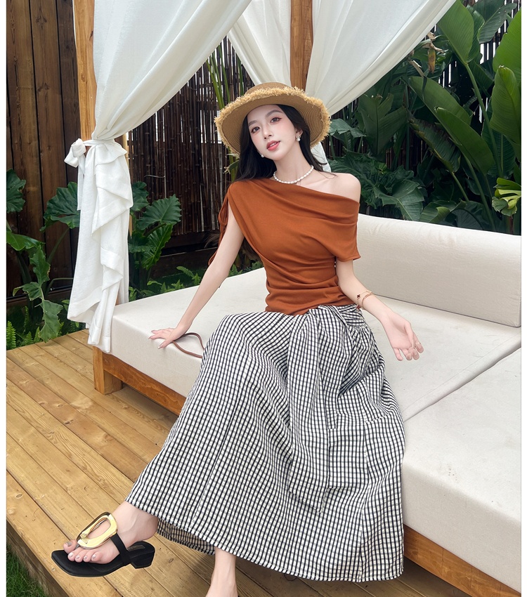 Temperament tops plaid small shirt 2pcs set