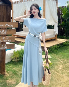 Korean style long dress sloping shoulder T-shirt a set