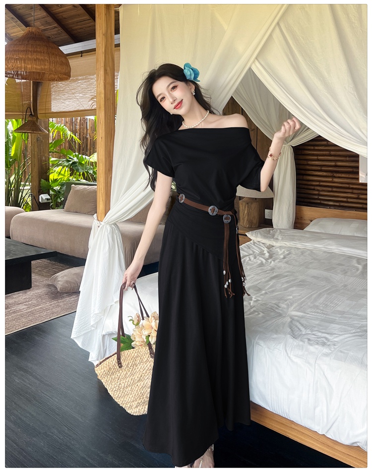 Korean style long dress sloping shoulder T-shirt a set