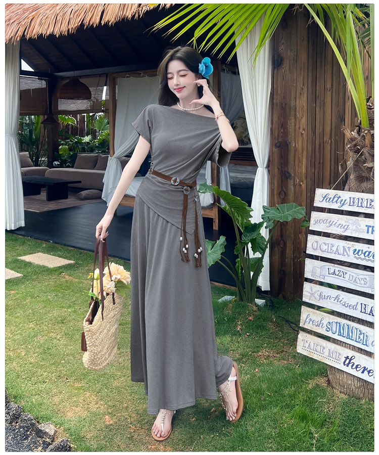 Korean style long dress sloping shoulder T-shirt a set
