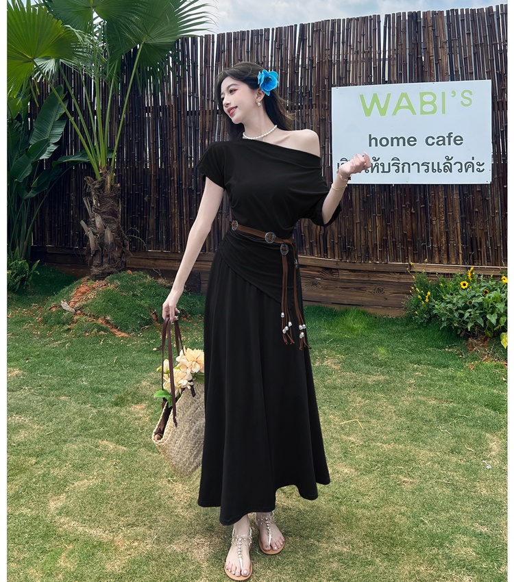 Korean style long dress sloping shoulder T-shirt a set