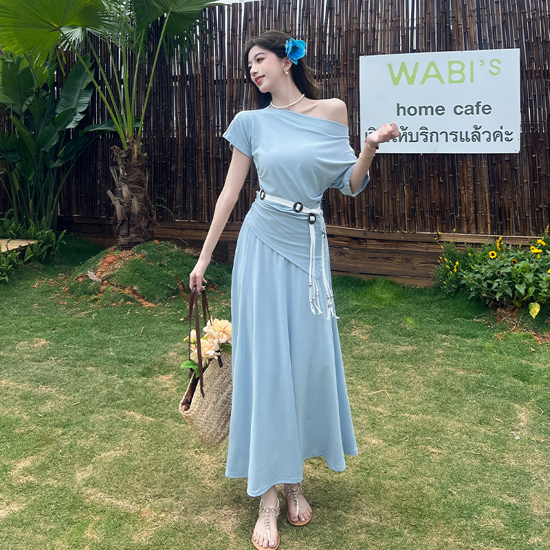 Korean style long dress sloping shoulder T-shirt a set