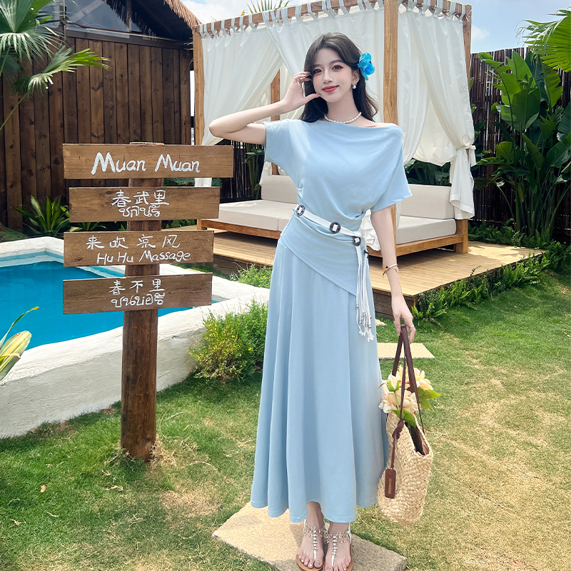 Korean style long dress sloping shoulder T-shirt a set