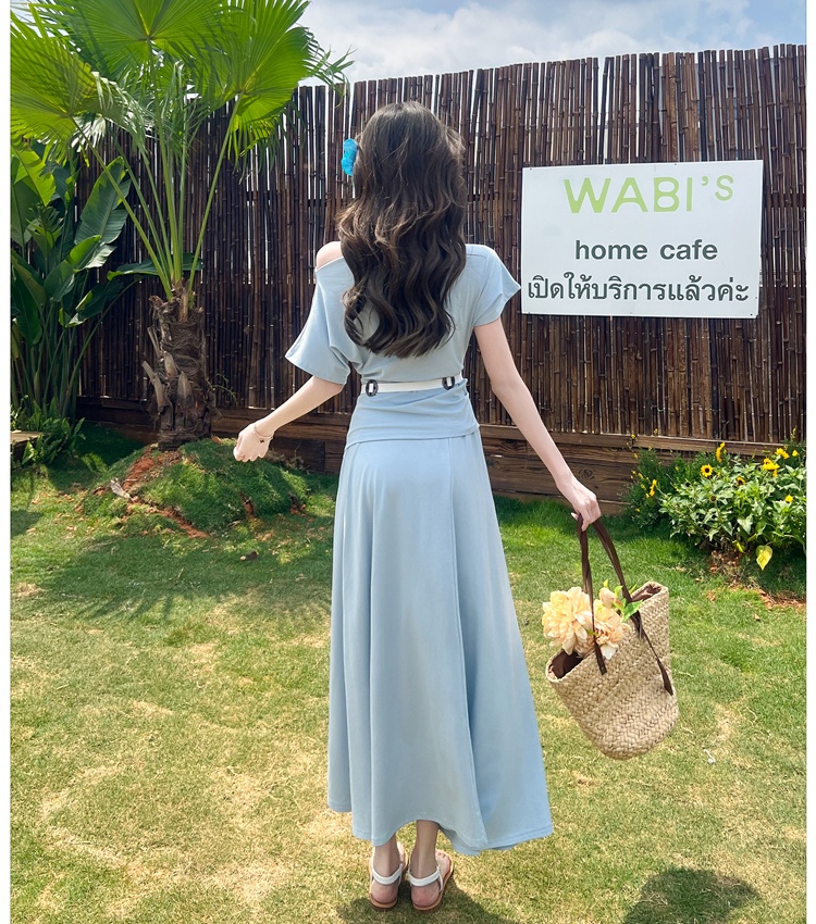 Korean style long dress sloping shoulder T-shirt a set