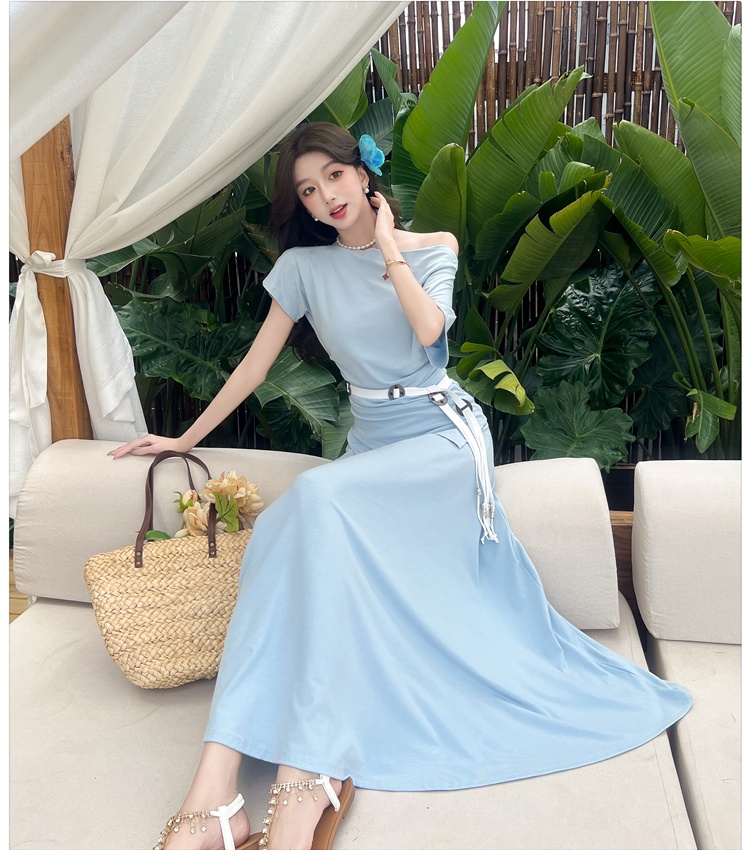 Korean style long dress sloping shoulder T-shirt a set