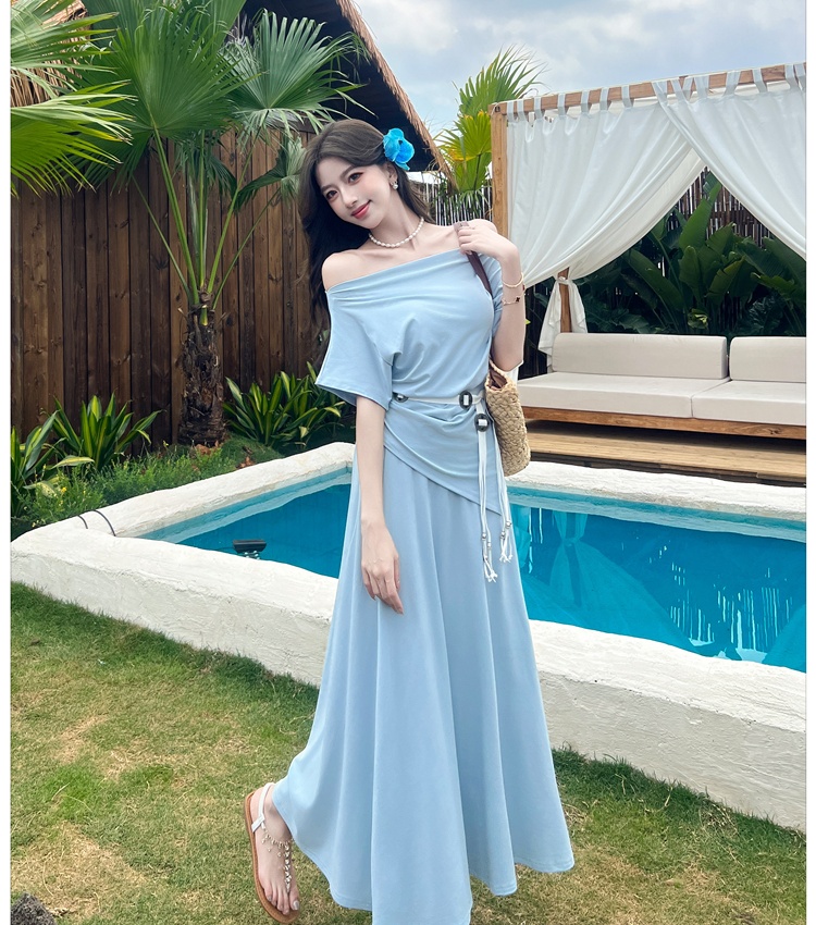 Korean style long dress sloping shoulder T-shirt a set