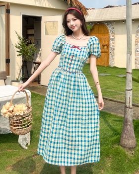 Floral plaid long dress pinched waist pastoral style) dress