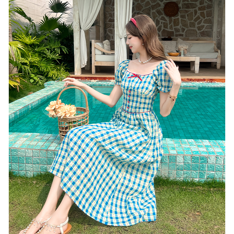Floral plaid long dress pinched waist pastoral style) dress