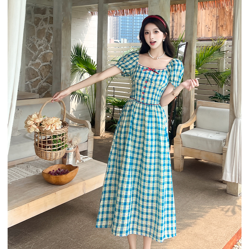 Floral plaid long dress pinched waist pastoral style) dress
