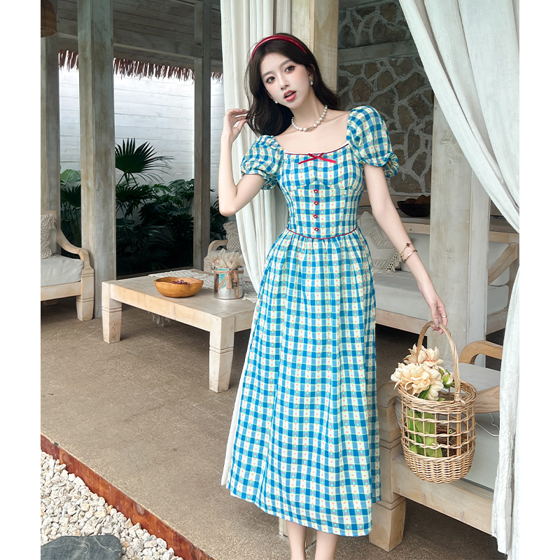 Floral plaid long dress pinched waist pastoral style) dress