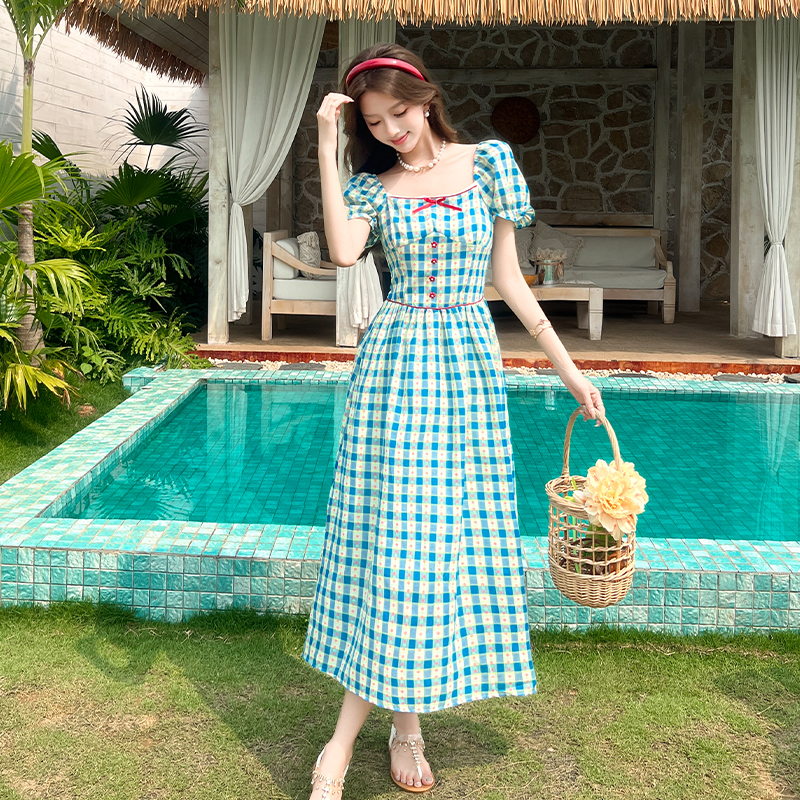 Floral plaid long dress pinched waist pastoral style) dress