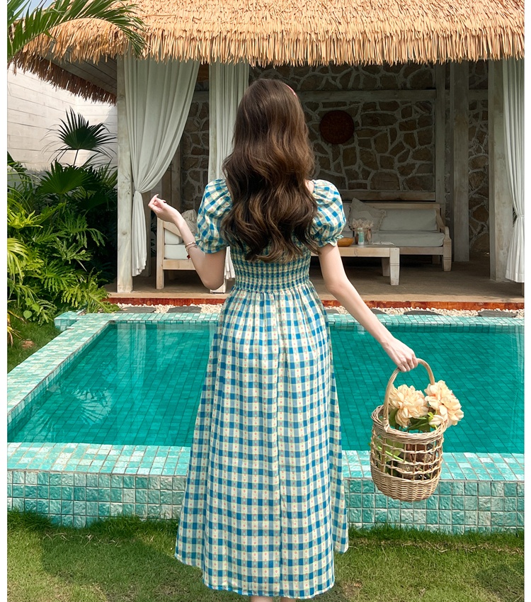 Floral plaid long dress pinched waist pastoral style) dress
