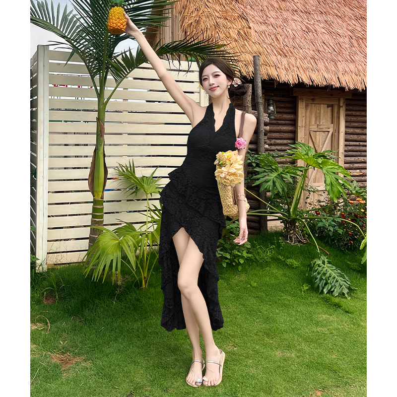 Lace enticement V-neck long dress halter slim splice dress
