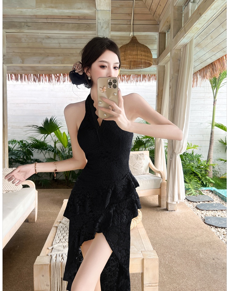 Lace enticement V-neck long dress halter slim splice dress