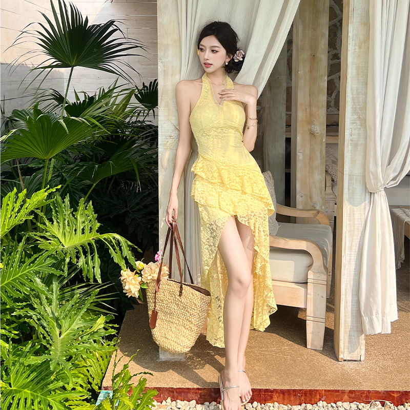 Lace enticement V-neck long dress halter slim splice dress