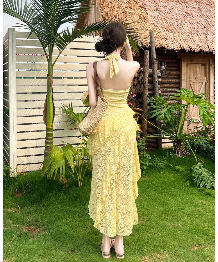 Lace enticement V-neck long dress halter slim splice dress