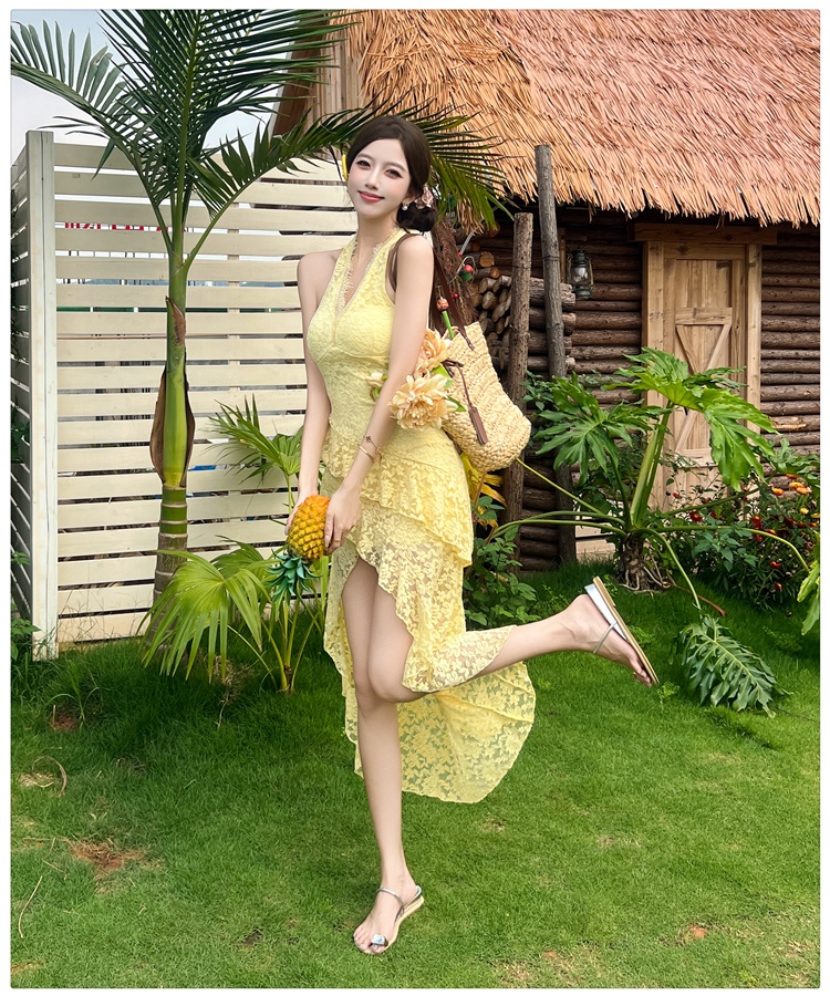 Lace enticement V-neck long dress halter slim splice dress
