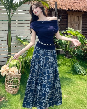 Horizontal collar long skirt sloping shoulder skirt 2pcs set
