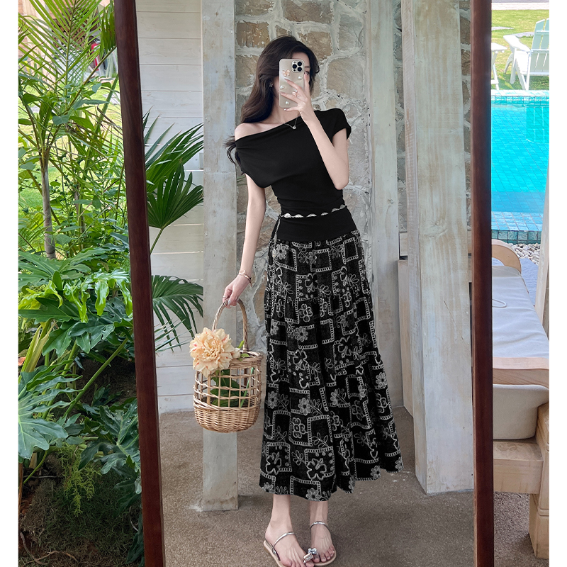 Horizontal collar long skirt sloping shoulder skirt 2pcs set